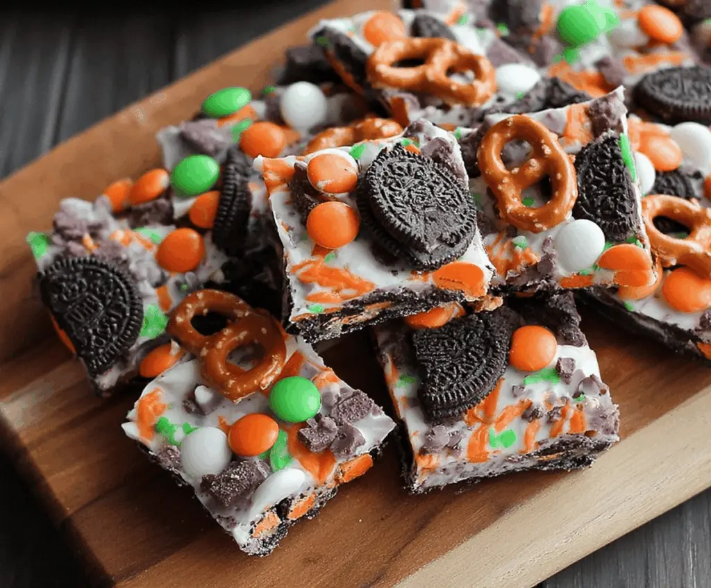 No-Bake Halloween Candy Bark with Oreos and Pretzels, festive holiday dessert, easy Halloween treat, colorful candy bark with chocolate, Oreos, and pretzels