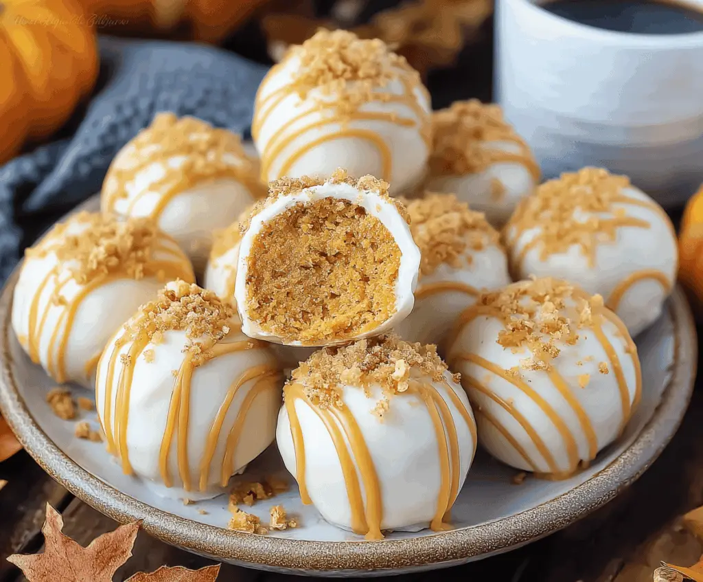 Delicious no-bake pumpkin cheesecake balls garnished with crushed cookies, perfect for fall desserts and easy to make