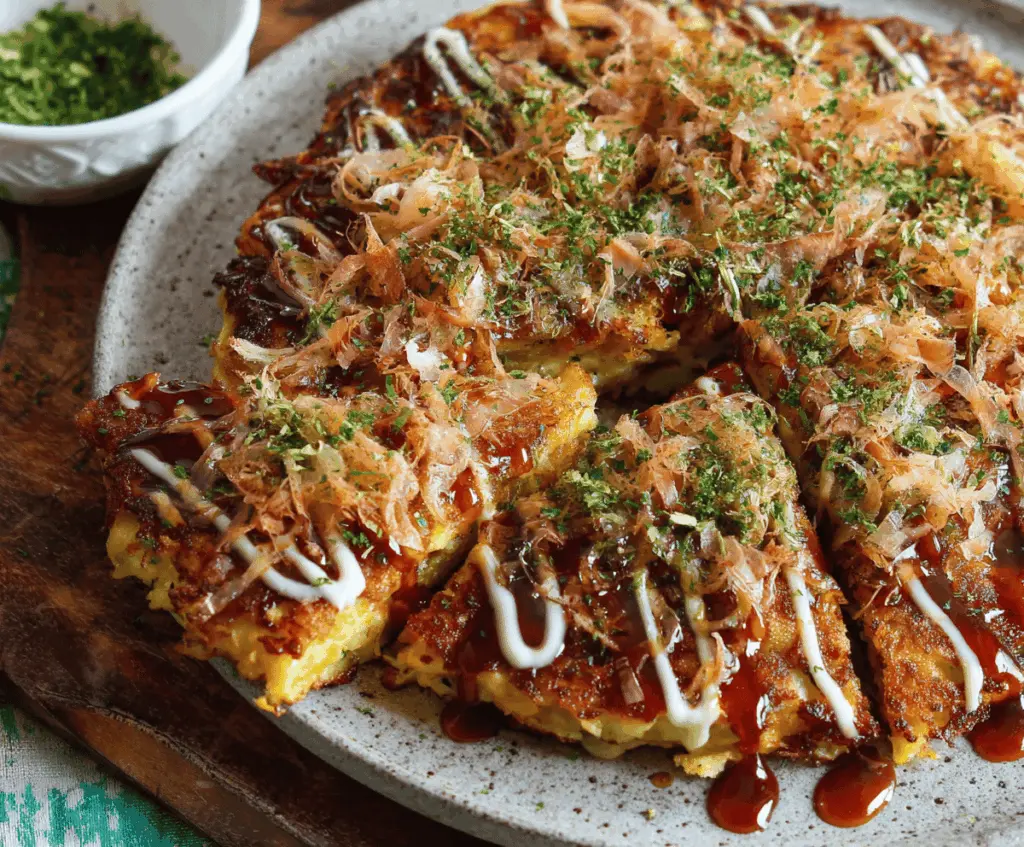 Delicious homemade Okonomiyaki Japanese savory pancake topped with bonito flakes, green onions, and drizzled with savory sauce and mayonnaise