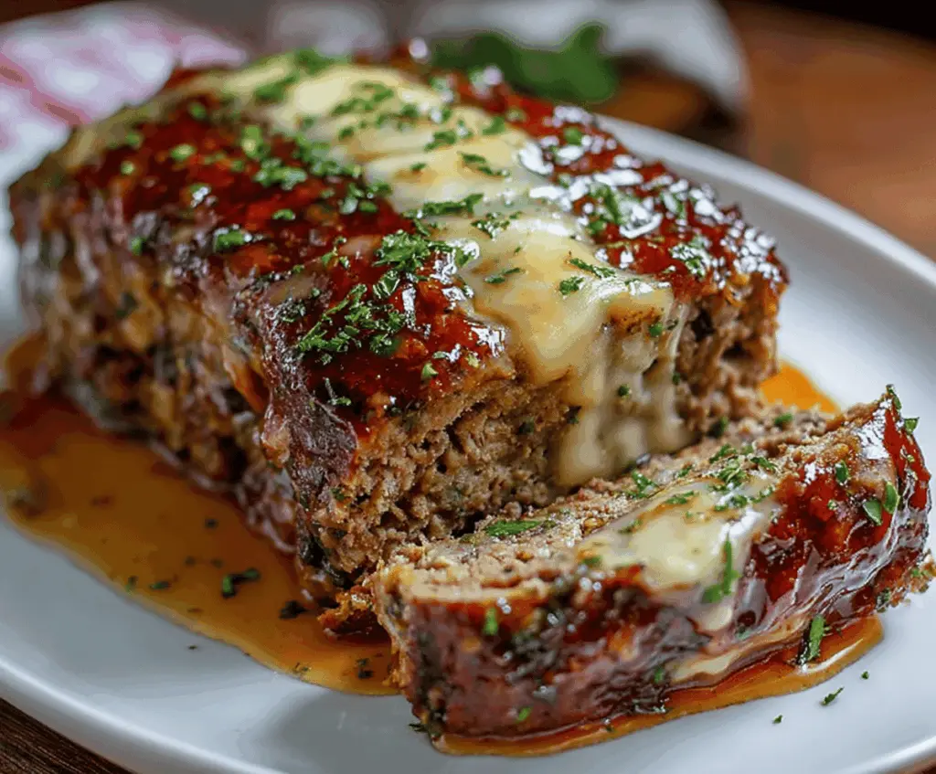 Delicious Philly Cheesesteak Meatloaf served on a plate, showcasing tender meatloaf with melted cheese and savory toppings, a comforting twist on a classic dish.