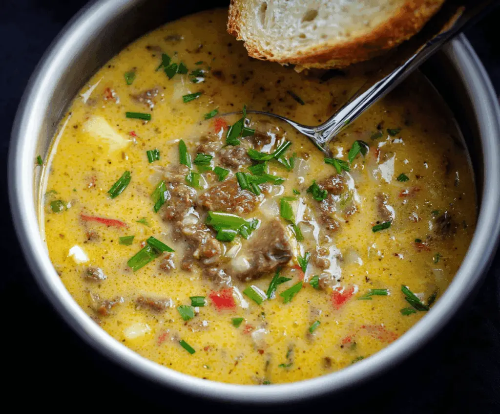 Creamy Philly Cheesesteak Soup with sliced steak, melted cheese, peppers, and onions in a bowl