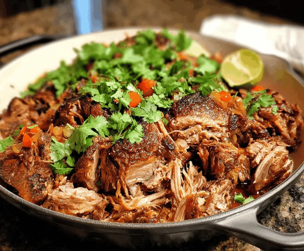 Juicy and flavorful pork carnitas served with fresh cilantro and lime wedges on a rustic plate, perfect for tacos or burritos.
