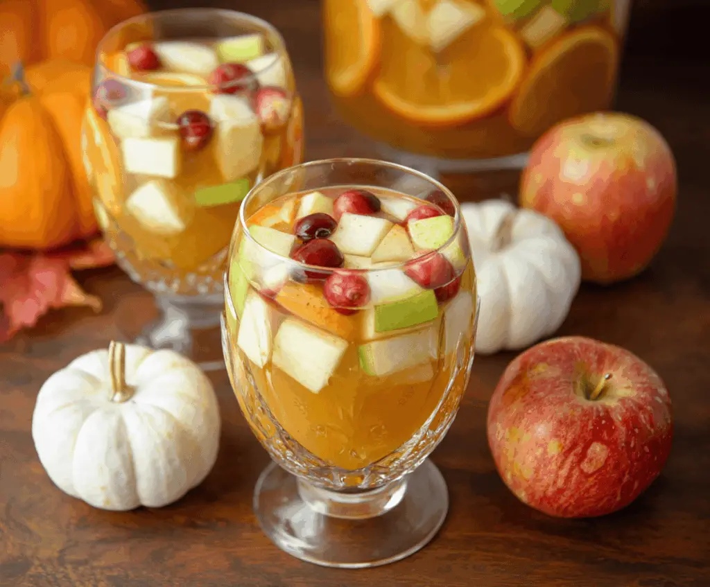 A glass of Pumpkin Spice Sangria garnished with citrus slices and apple wedges, featuring a vibrant orange color with cinnamon sticks and pumpkin spice accents.