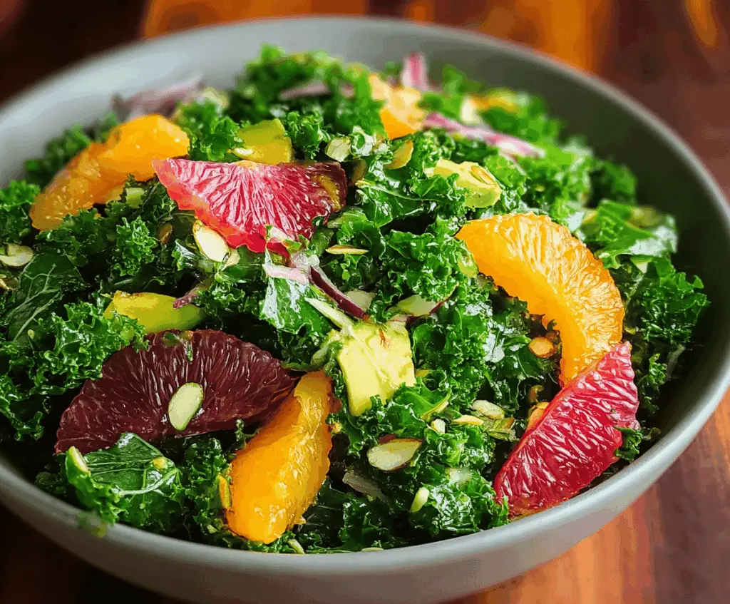 Vibrant kale and citrus salad with fresh oranges and greens on a white plate