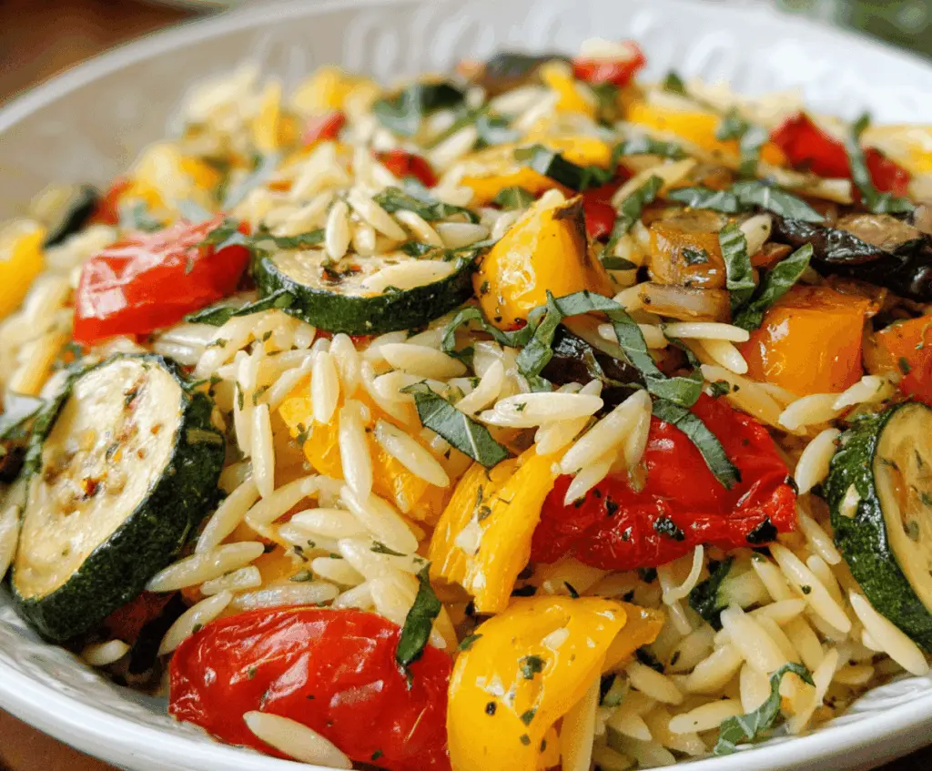 Colorful roasted vegetable orzo pasta dish with cherry tomatoes and zucchini on a white plate