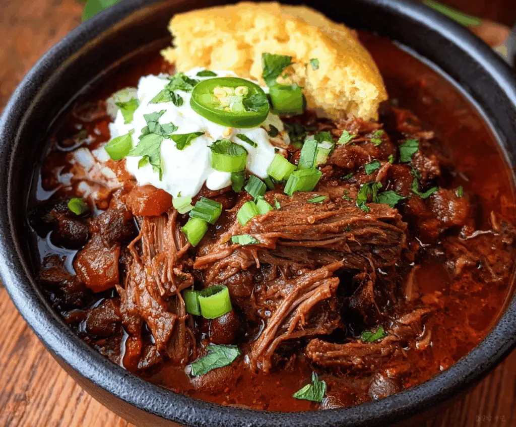 Delicious slow cooker chuck roast chili with tender beef, beans, and spices in a flavorful savory dish