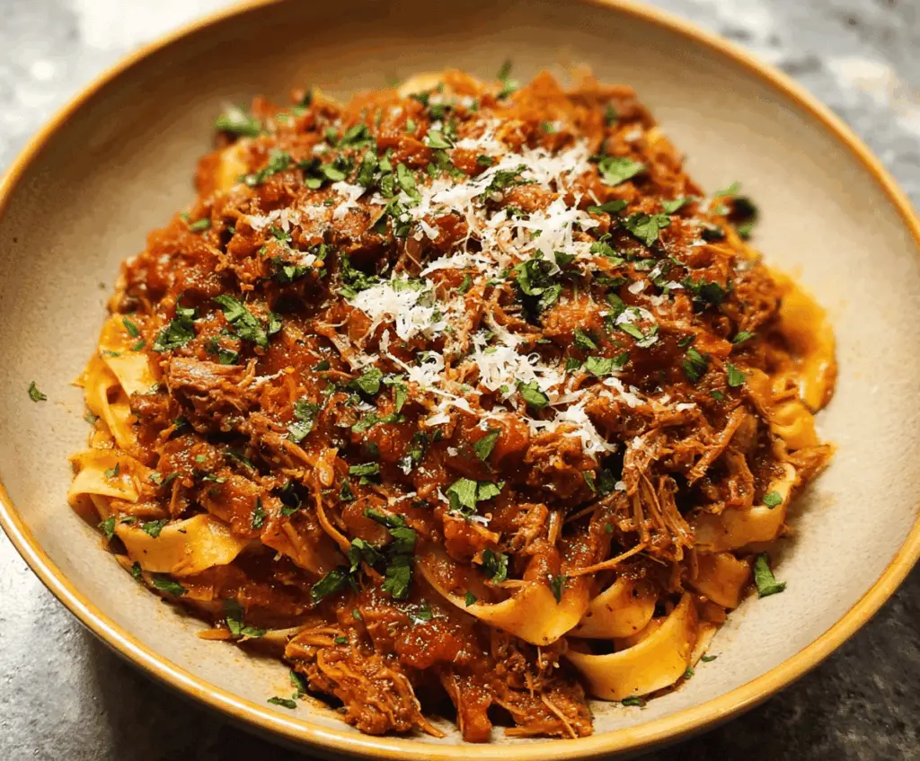 Delicious slow cooker pork ragu served over pasta, garnished with fresh herbs, perfect for a comforting dinner.