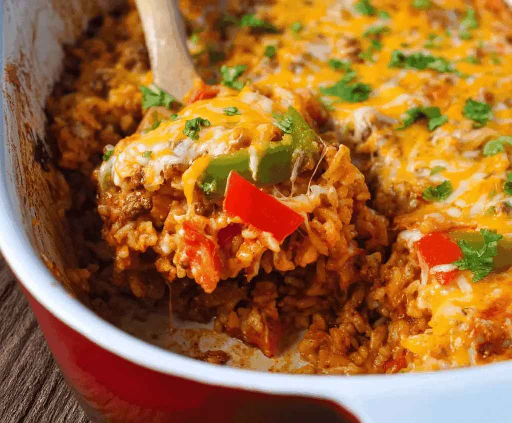 Delicious stuffed pepper casserole with colorful bell peppers, seasoned ground meat, melted cheese, and fresh herbs, served in a baking dish