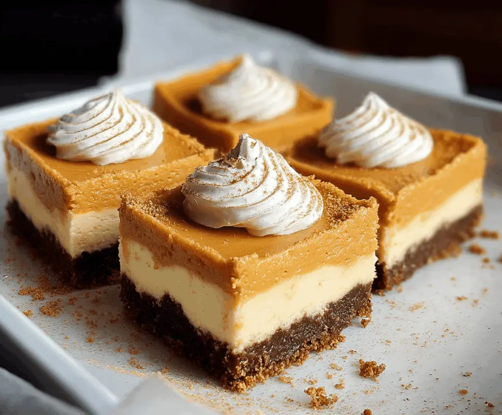 Creamy sweet potato cheesecake bars topped with a spicy cinnamon glaze, served as a delicious dessert.