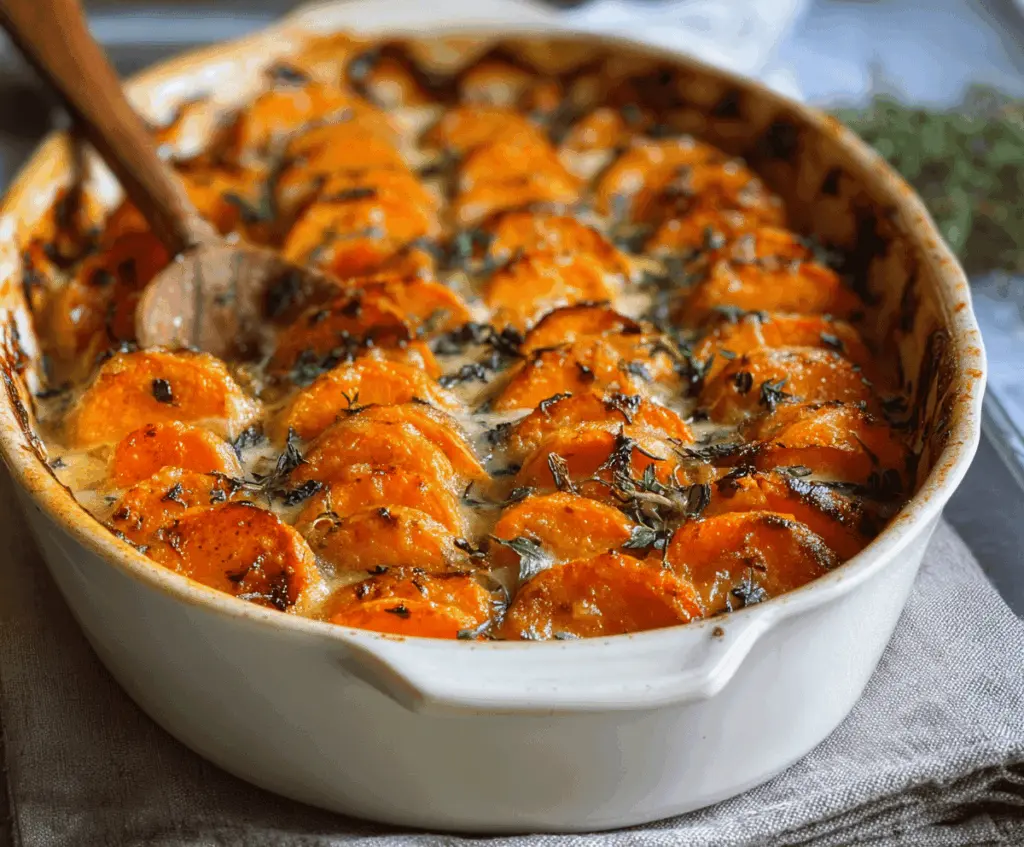 Delicious sweet potato gratin topped with creamy sauce and fresh thyme, plated for a cozy dinner.