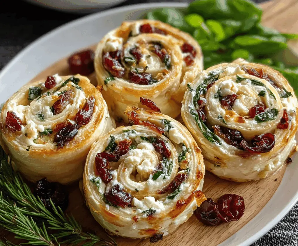Delicious Christmas Cranberry Feta Pinwheels served on a festive platter