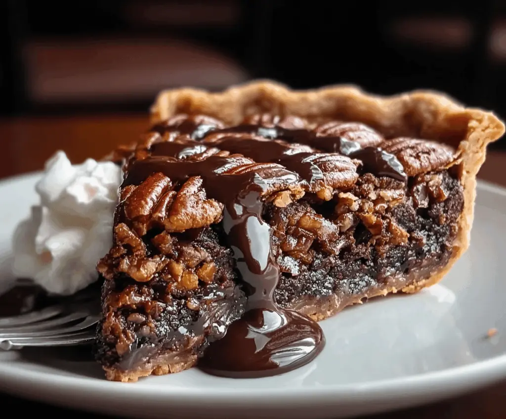 Rich, gooey Texas Chocolate Pecan Pie topped with toasted pecans and drizzled chocolate, perfect for dessert lovers