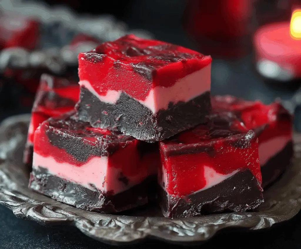 Delicious Vampire Fudge Recipe featuring rich, dark chocolate with red accent toppings, perfect for Halloween treats.