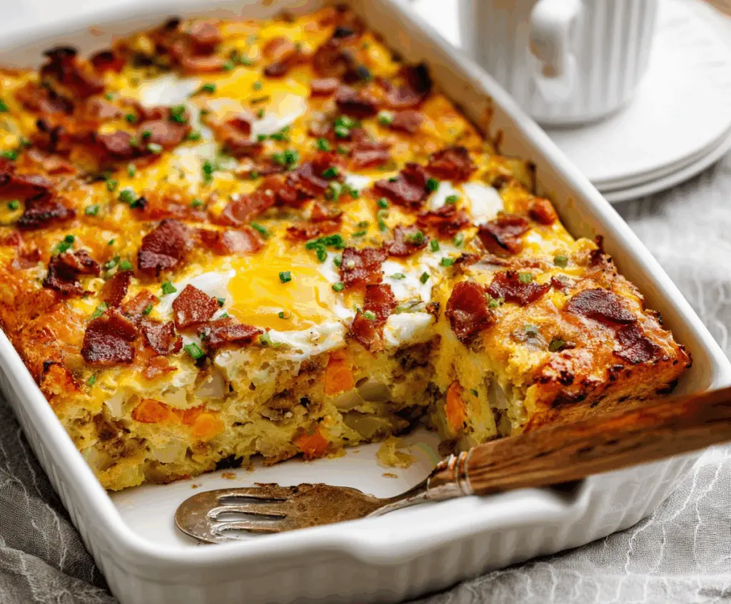Delicious Bacon Potato Egg Breakfast Casserole in a baking dish with crispy bacon and melted cheese