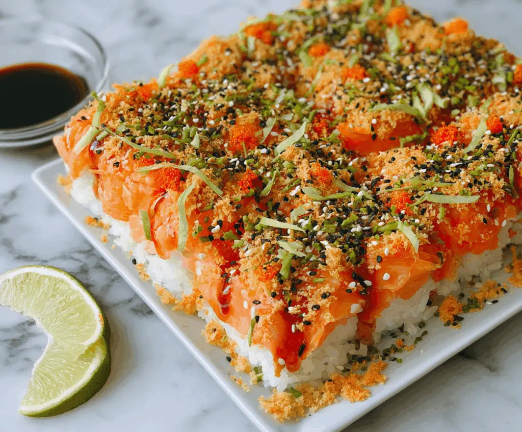 Delicious baked salmon sushi roll with fresh ingredients and beautiful presentation.