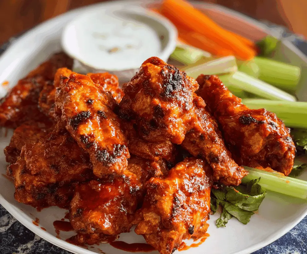 Juicy Buffalo chicken wings with spicy buffalo sauce on a plate, garnished with celery sticks and blue cheese dip.