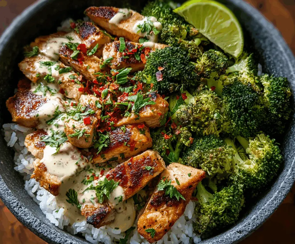 Healthy chicken and broccoli bowls with fresh vegetables and savory sauce for a nutritious meal.