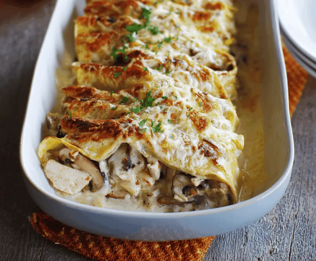 Delicious chicken and mushroom crepe bake served on a plate, showcasing a golden crispy crust and savory filling.