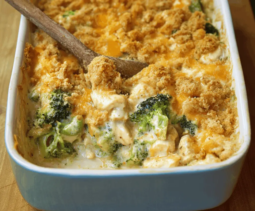 Delicious chicken divan casserole with creamy sauce, broccoli, and cheese in a baking dish.
