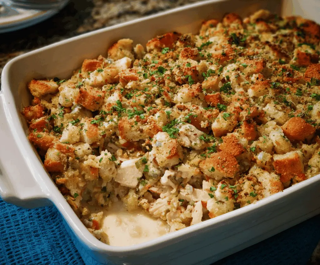Delicious Chicken Stuffing Casserole served hot with a golden-brown top and fresh herbs.
