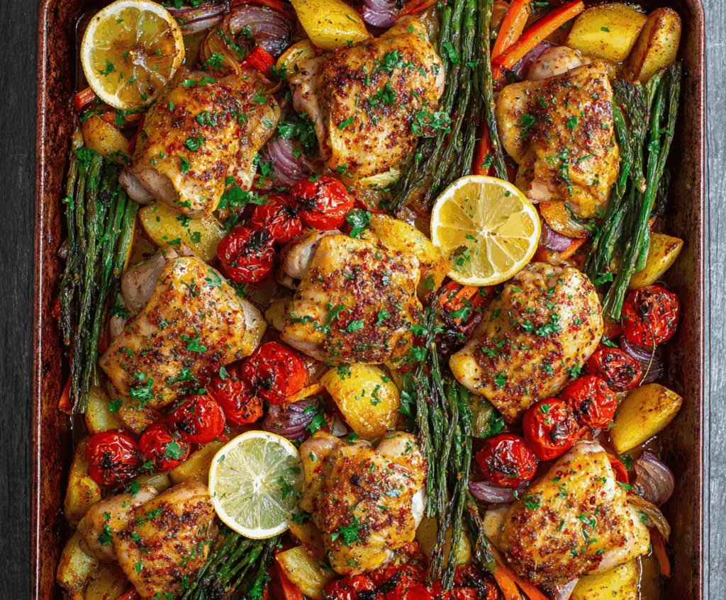 Delicious chicken tray bake with fresh vegetables on a wooden table