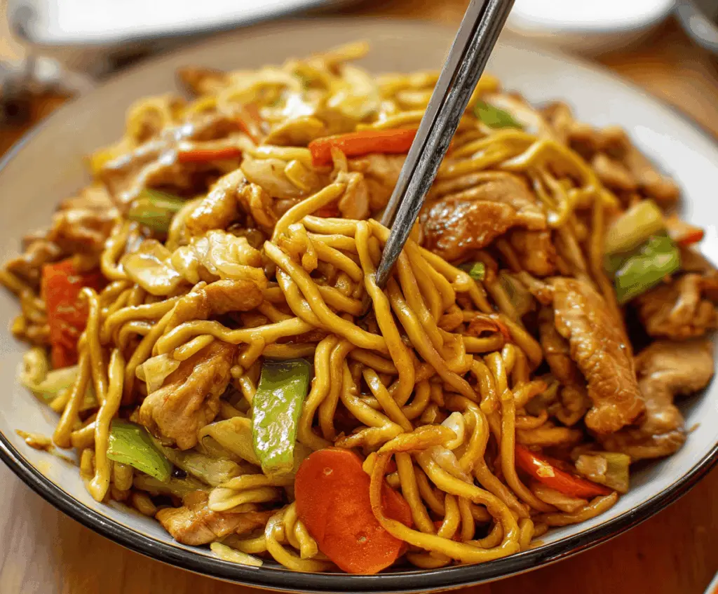 Delicious Chicken Yakisoba stir-fry with vegetables and savory sauce on a plate.