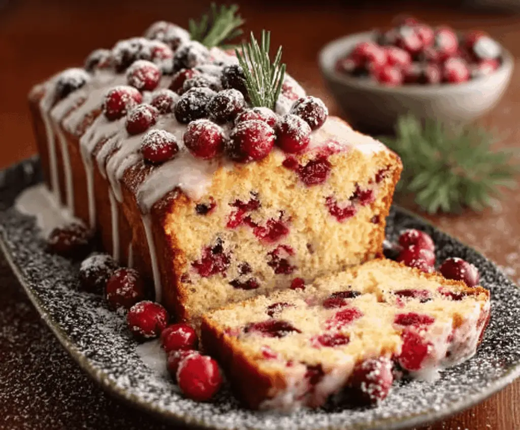 Delicious Christmas Cranberry Pound Cake garnished with fresh cranberries and mint for the holiday season.