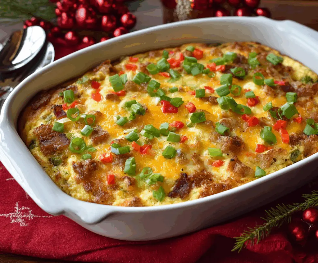 Delicious Christmas Morning Breakfast Casserole with eggs, cheese, and breakfast sausage in a festive setting.