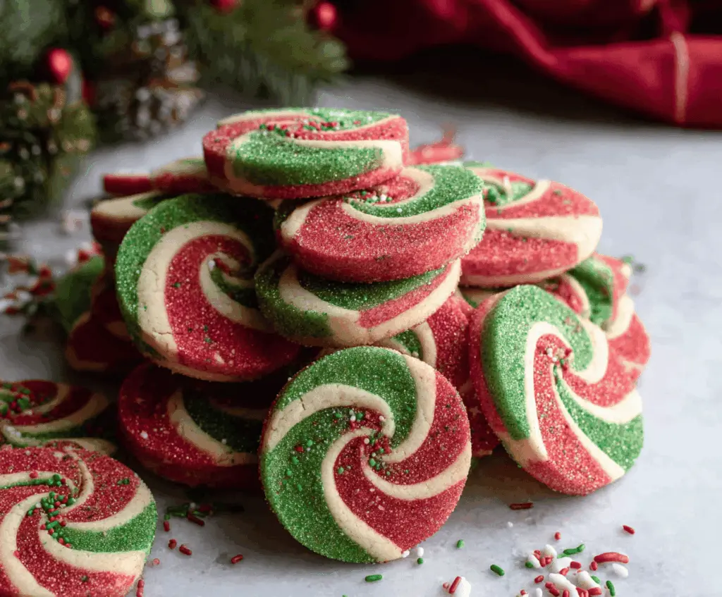 Festive Christmas Pinwheel Cookies with colorful swirls on a holiday platter.