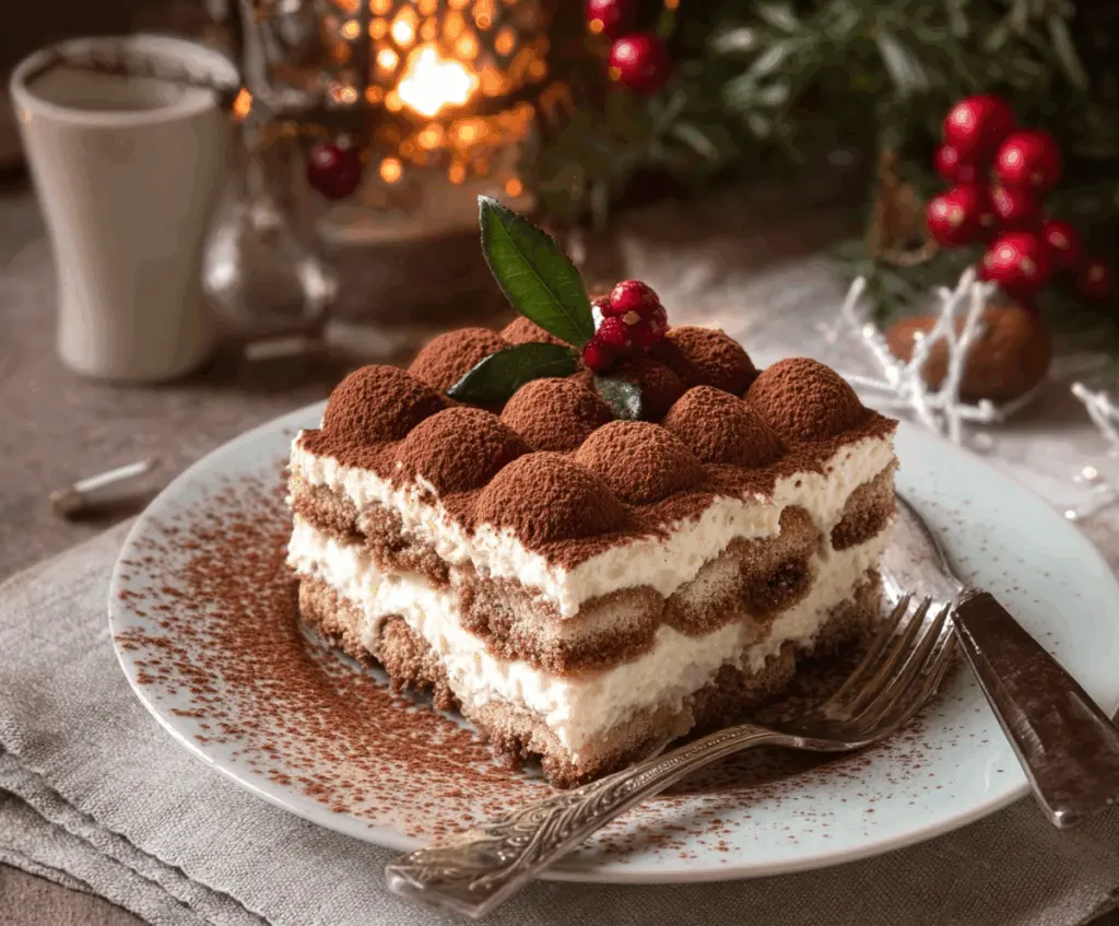 Delicious Christmas Tiramisu layered with festive cream and cocoa powder for holiday celebrations.