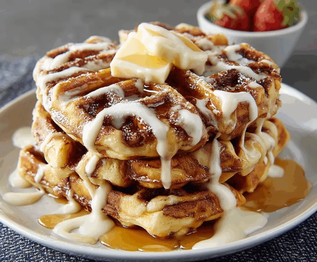 Delicious cinnamon roll waffles drizzled with icing, perfect for breakfast or brunch.