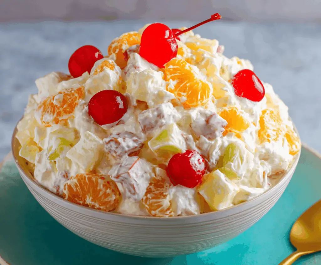 Delicious Classic Ambrosia Salad with sweet pineapple, marshmallows, and whipped cream in a glass bowl.