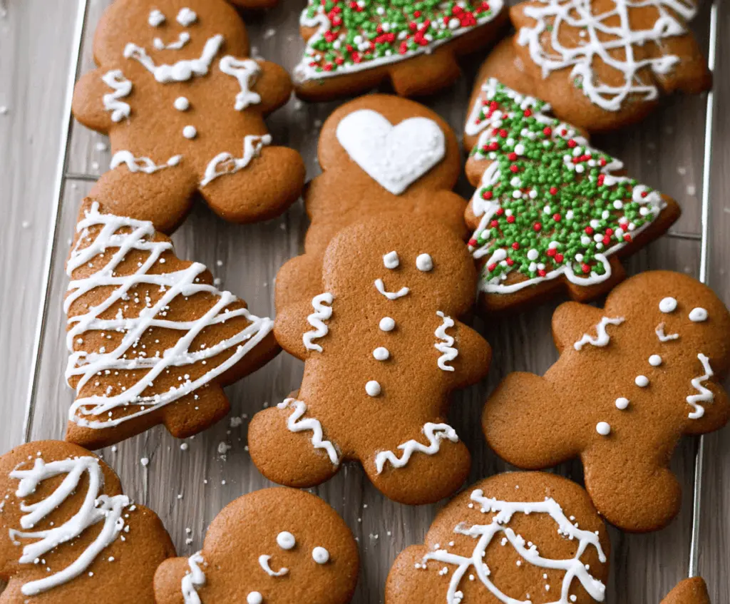 Decorative classic gingerbread Christmas cookies on a festive plate with holiday sprinkles.
