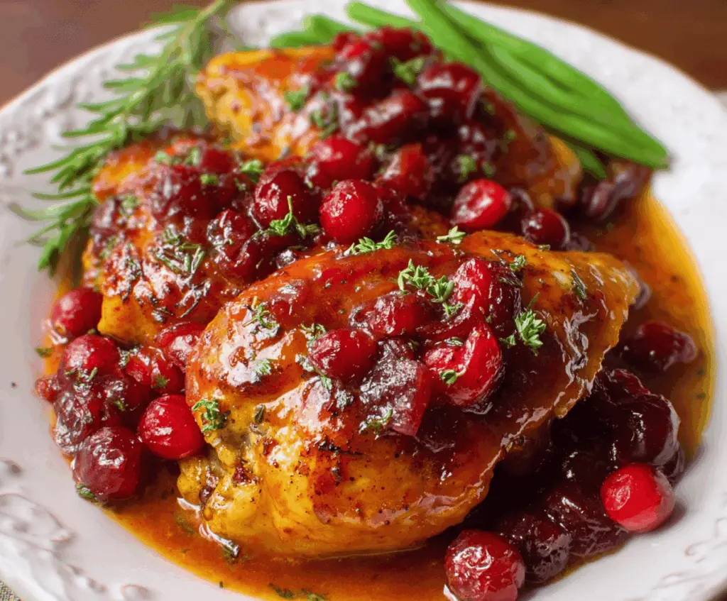Delicious slow cooker cranberry chicken served with fresh herbs and vibrant cranberries on a rustic plate.