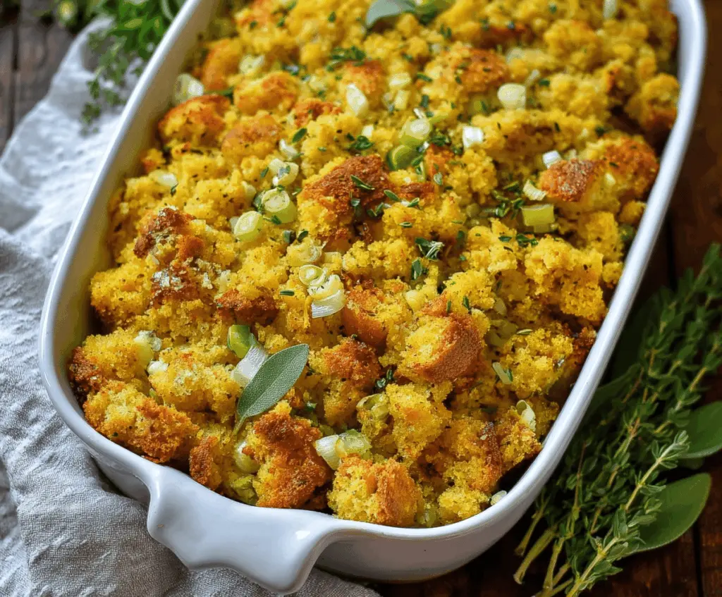 Golden-brown cornbread stuffing with herbs and vegetables for a hearty holiday side dish.