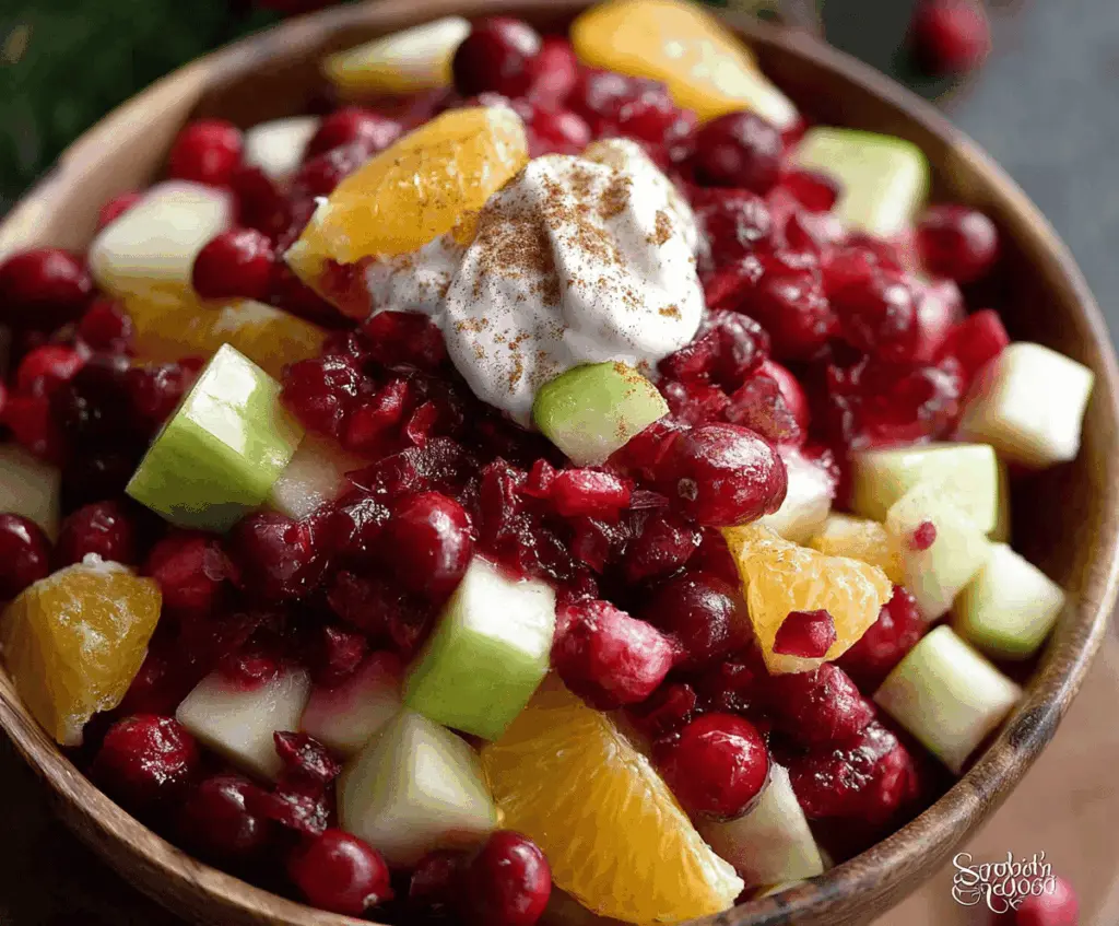 Colorful cranberry fruit salad in a glass bowl with fresh mint garnish