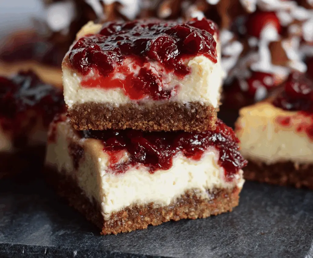 Delicious Cranberry Gingerbread Cheesecake Bars with a festive holiday appearance.