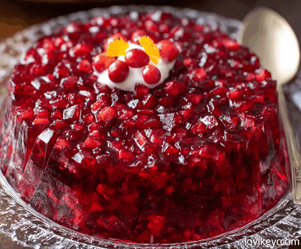 Colorful cranberry jello salad garnished with fresh cranberries and mint on a festive plate.