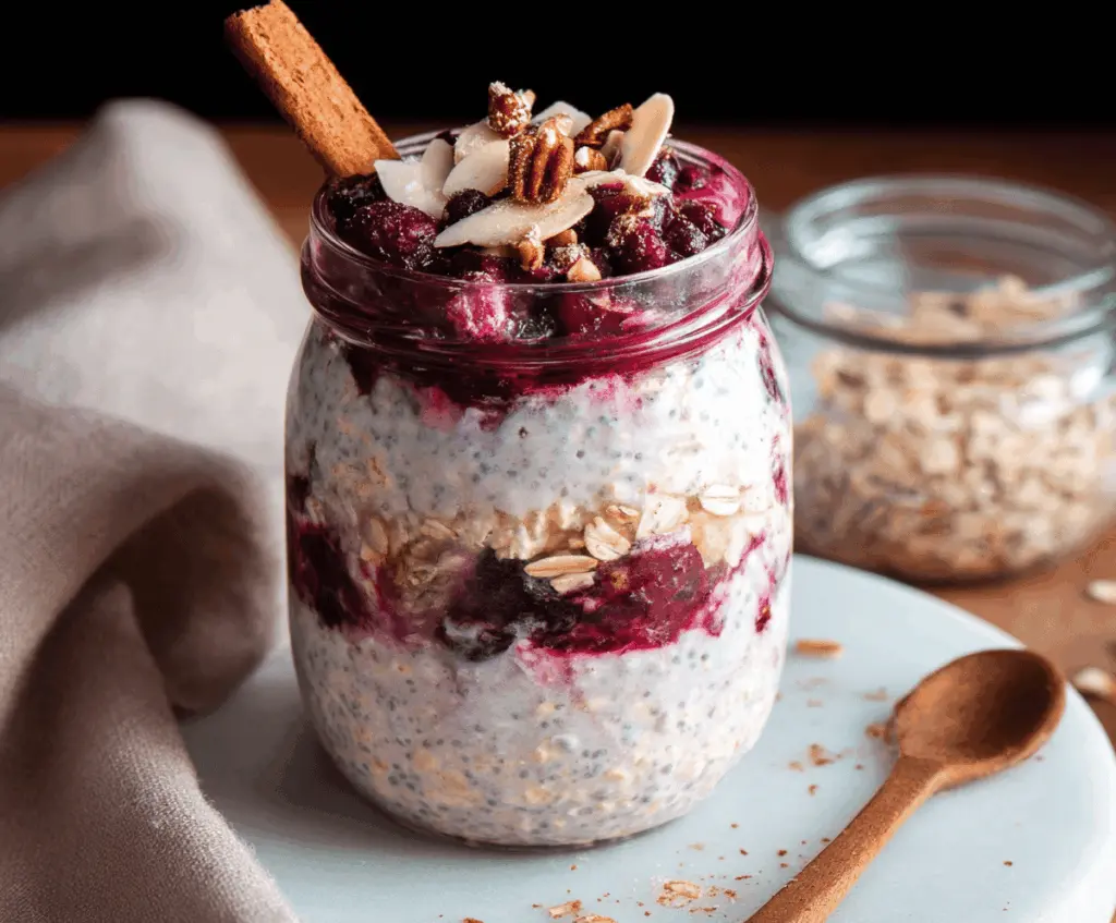 Creamy cranberry overnight oats in a jar with fresh cranberries and granola for a wholesome breakfast.