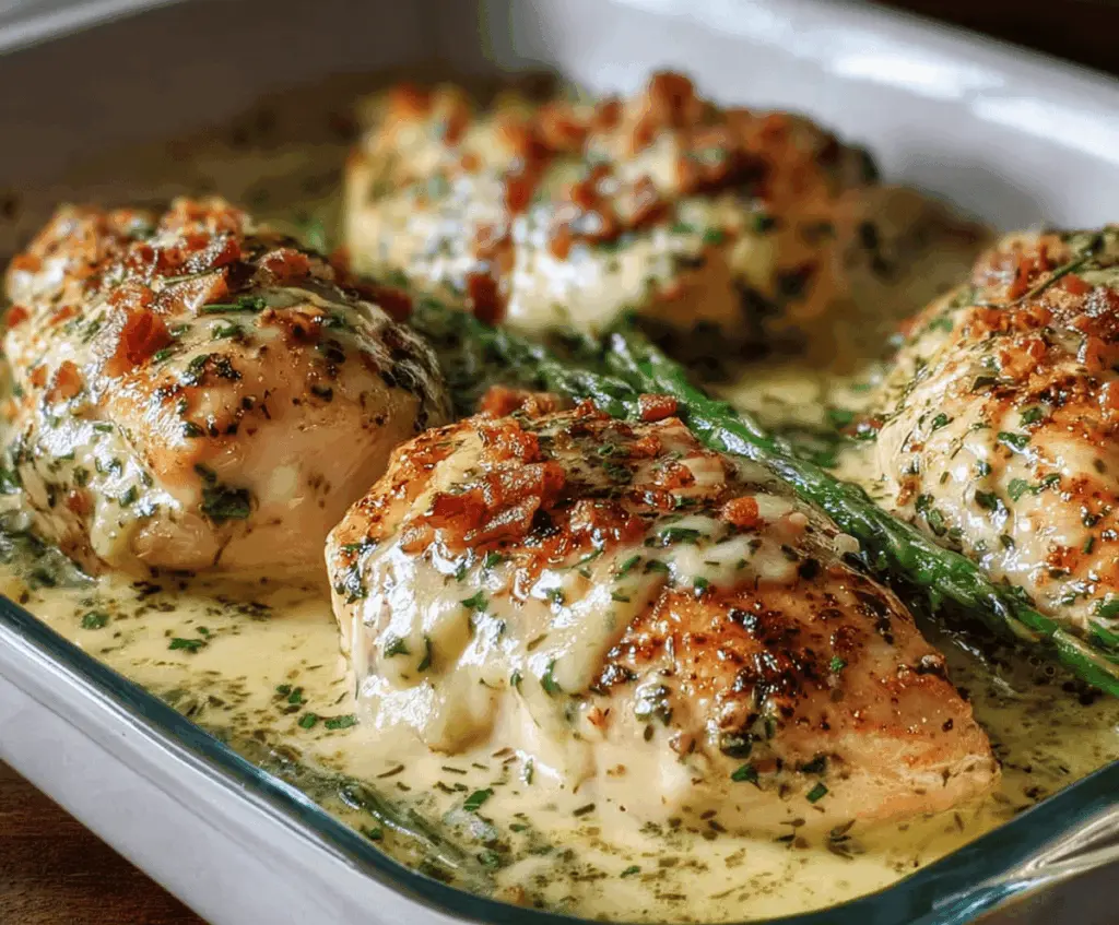 Delicious creamy baked Asiago chicken served with fresh herbs and golden crispy edges.