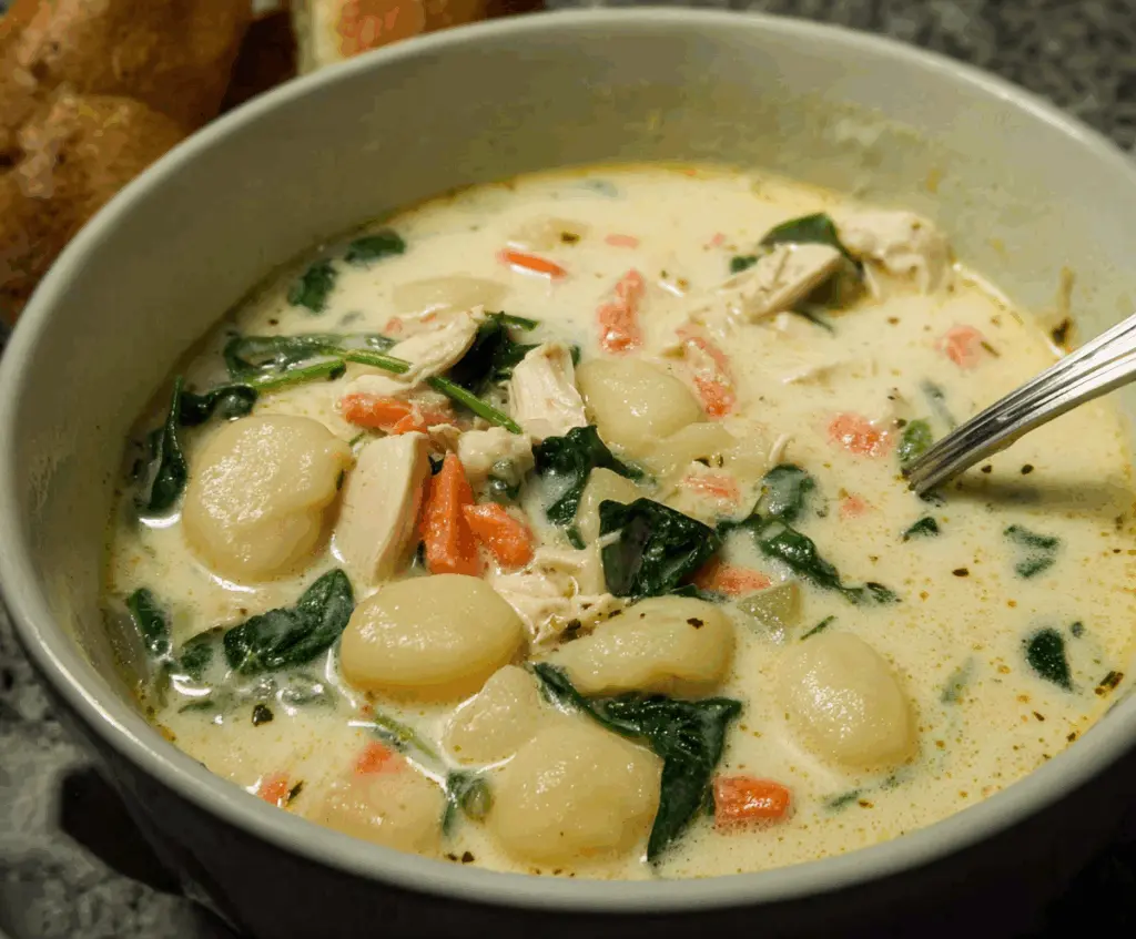 Creamy Chicken Gnocchi Soup in a bowl with fresh herbs and melted cheese.