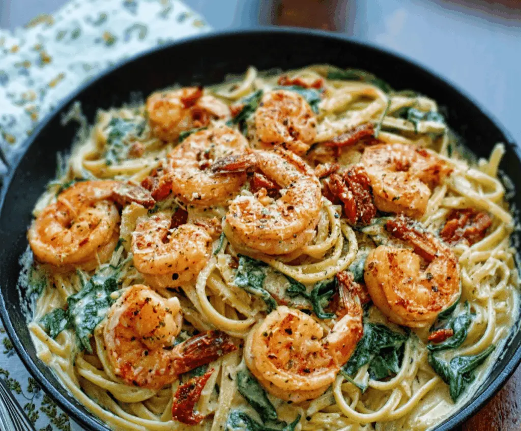 Delicious creamy sun-dried tomato shrimp served over spinach pasta for a flavorful seafood dish.