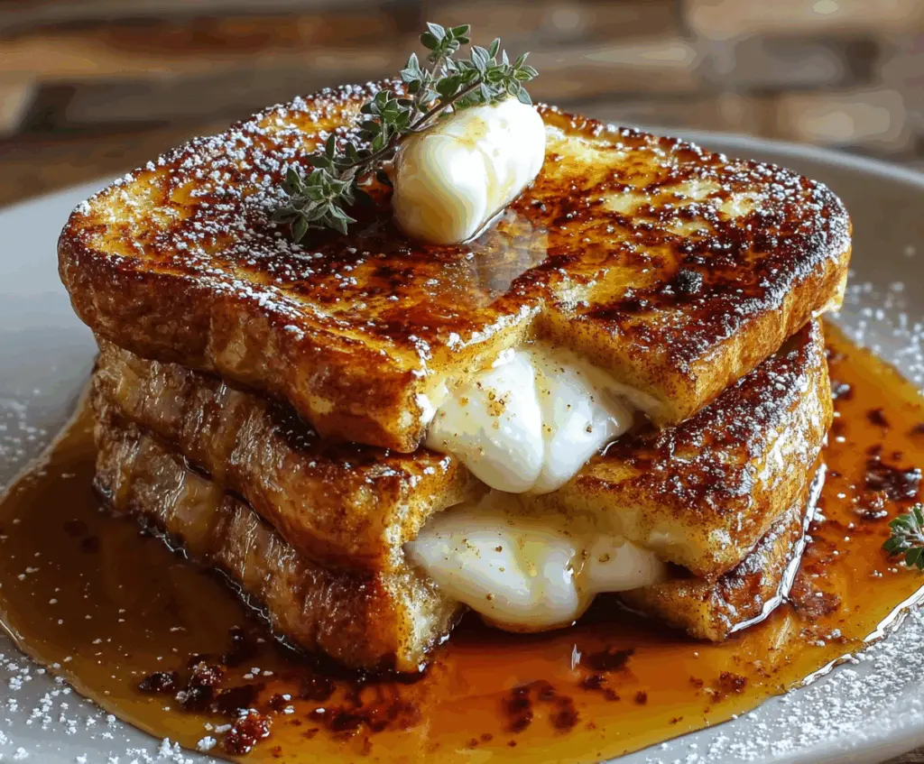 Golden Crème Brûlée French Toast topped with caramelized sugar and fresh berries, served on a white plate for a luxurious breakfast.