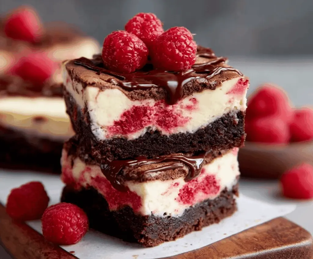 Rich raspberry brownie cheesecake featuring a creamy topping and fresh raspberries