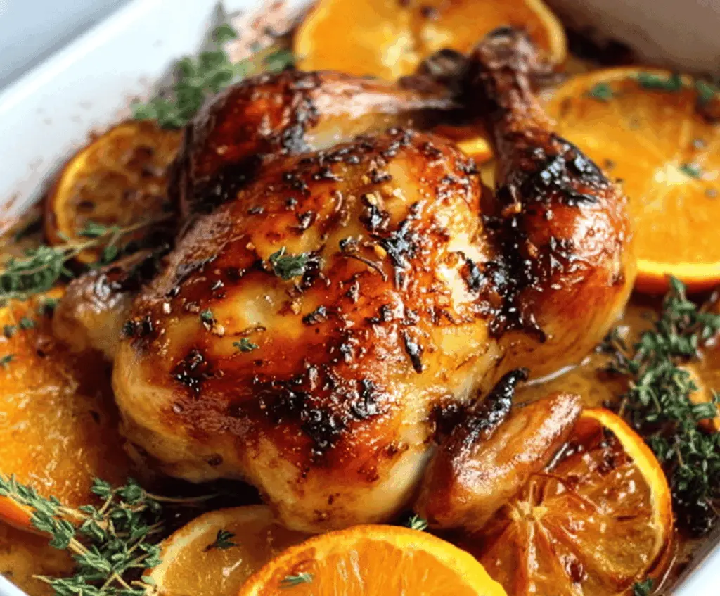 Delicious roasted orange chicken with garlic and thyme on a white plate