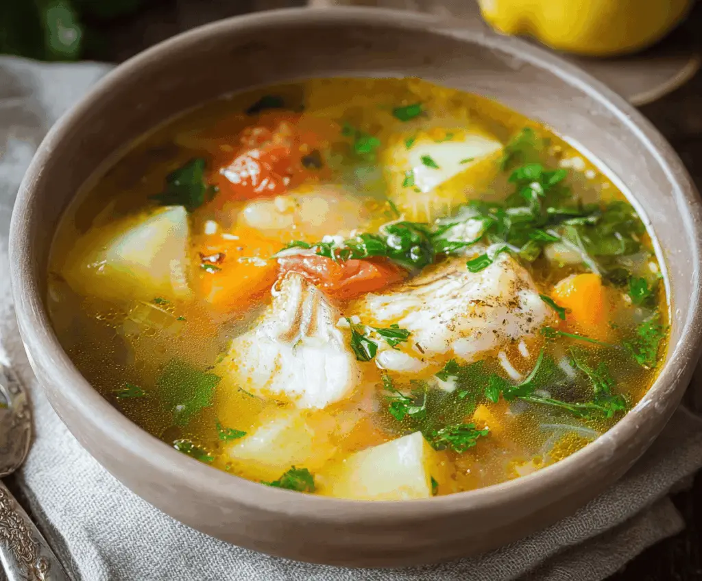 Delicious homemade fish soup with fresh ingredients, perfect for a hearty meal