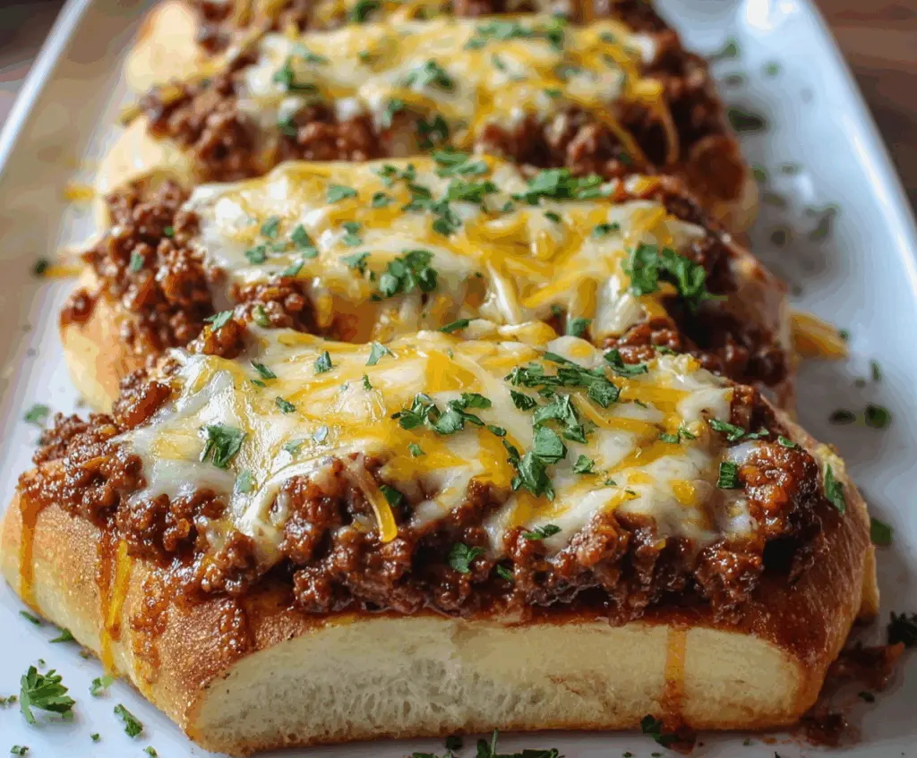 Delicious Garlic Bread Sloppy Joes served on a plate with fresh herbs