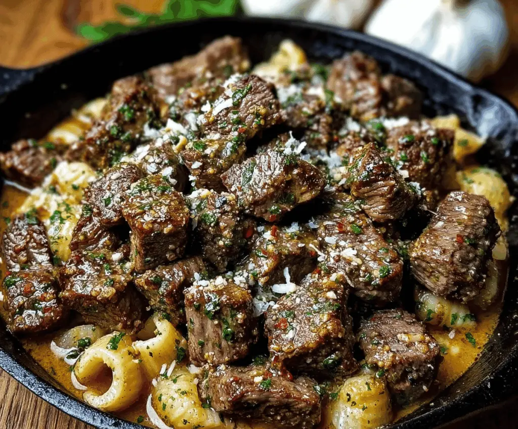 Juicy garlic butter steak bites served on a platter with herbs and spices.