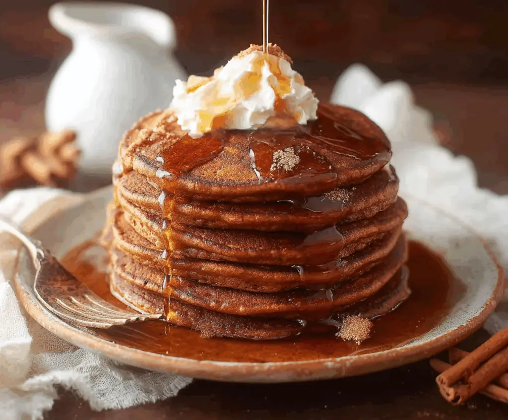 Delicious gingerbread pancakes topped with whipped cream and a cinnamon sprinkle, perfect for breakfast or holiday brunch.