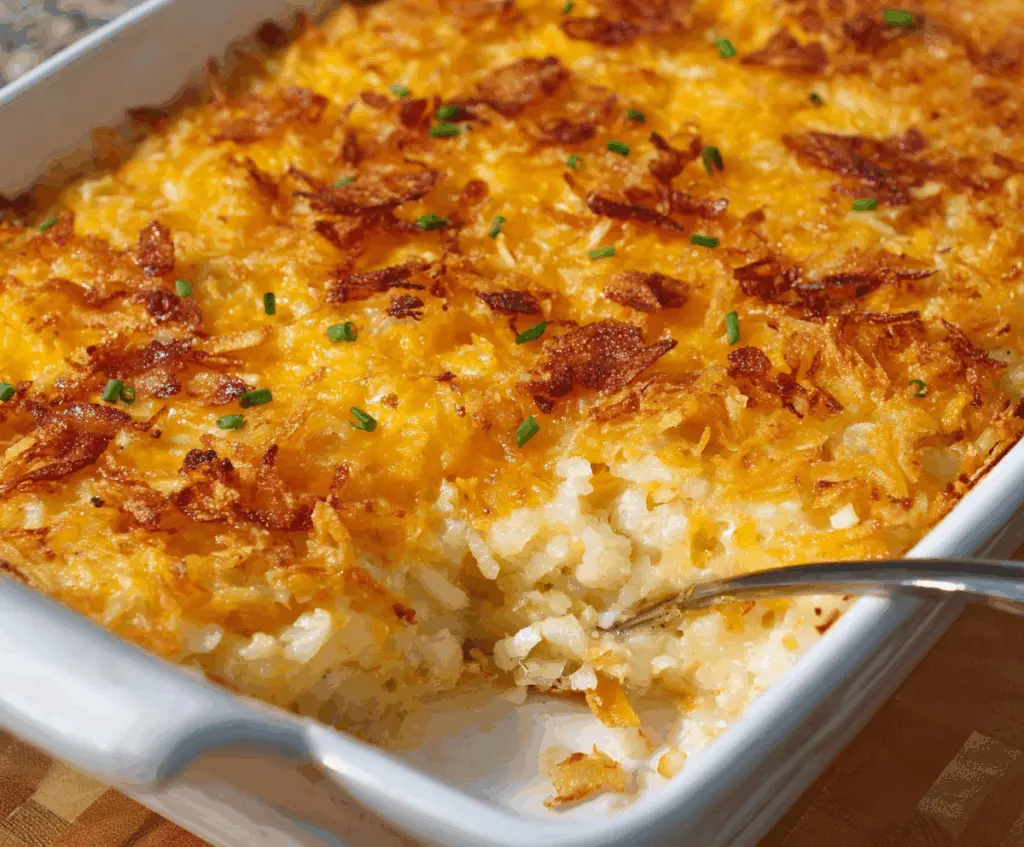 Delicious hashbrown casserole fresh out of the oven, creamy and cheesy with crispy edges.